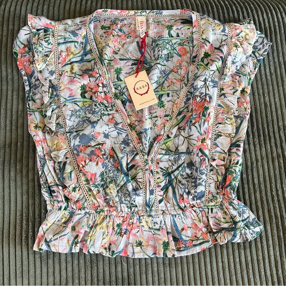 RAGA White and Red Ruffled Smocked Blouse